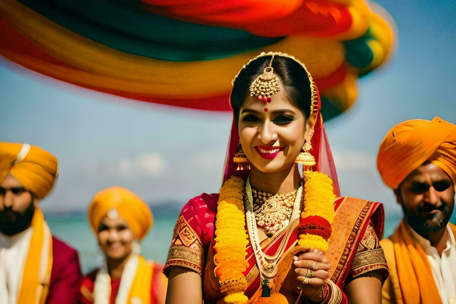 a bride in traditional indian attire with her groom. AI-Generated photo