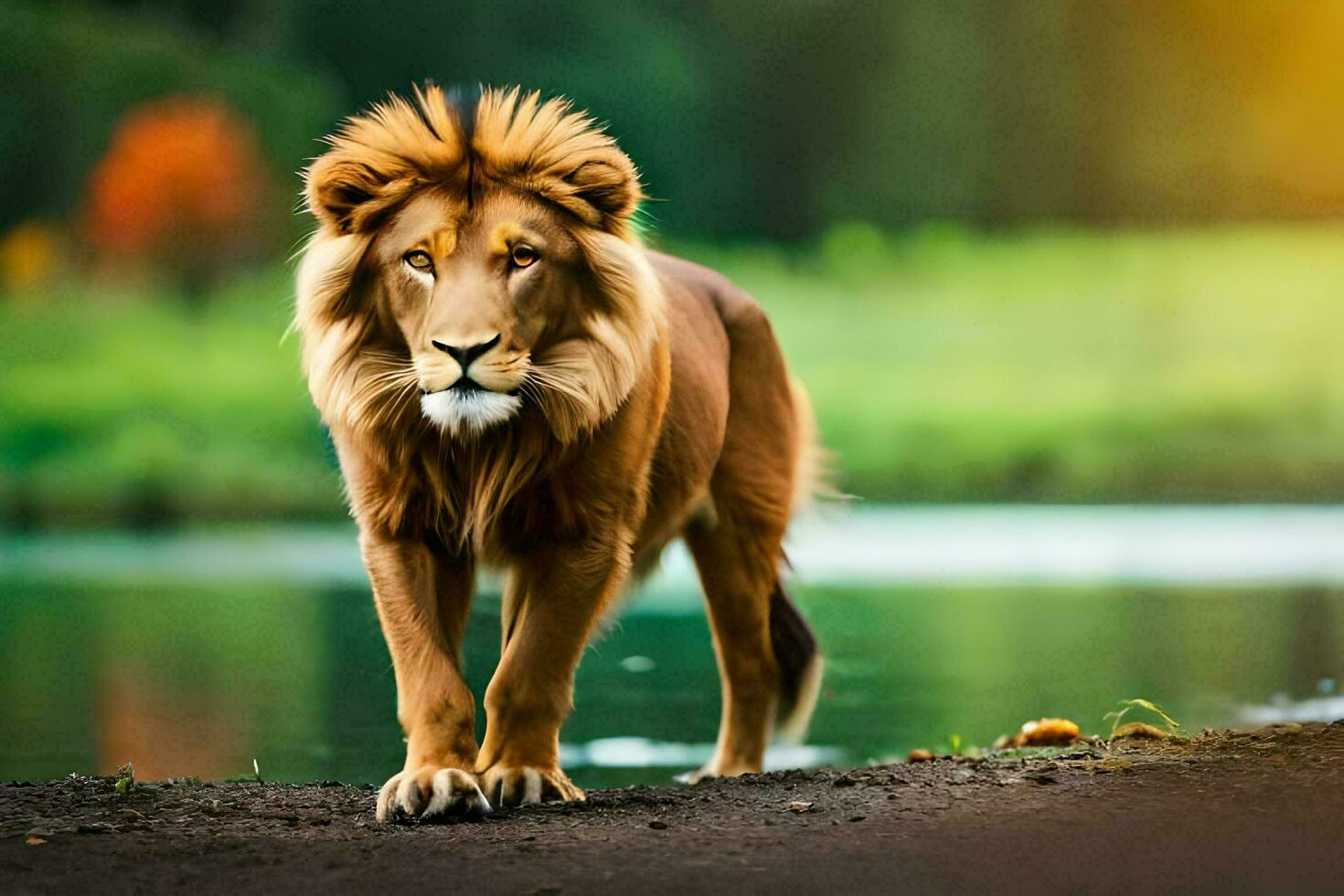 a lion walking along the shore of a lake. AI-Generated photo