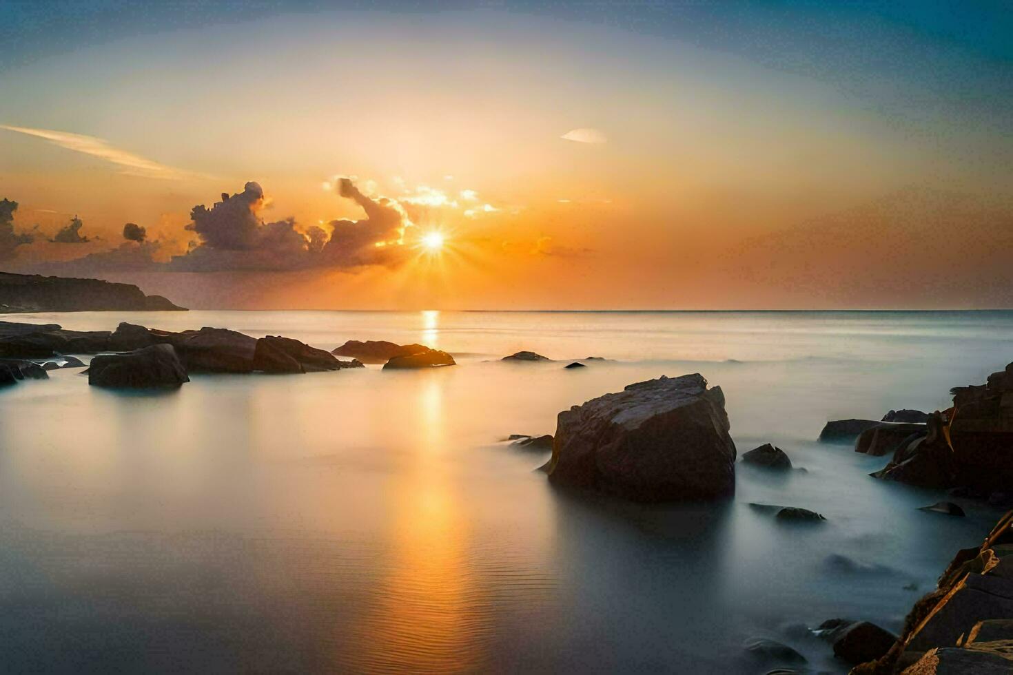 the sun rises over the ocean and rocks. AI-Generated photo