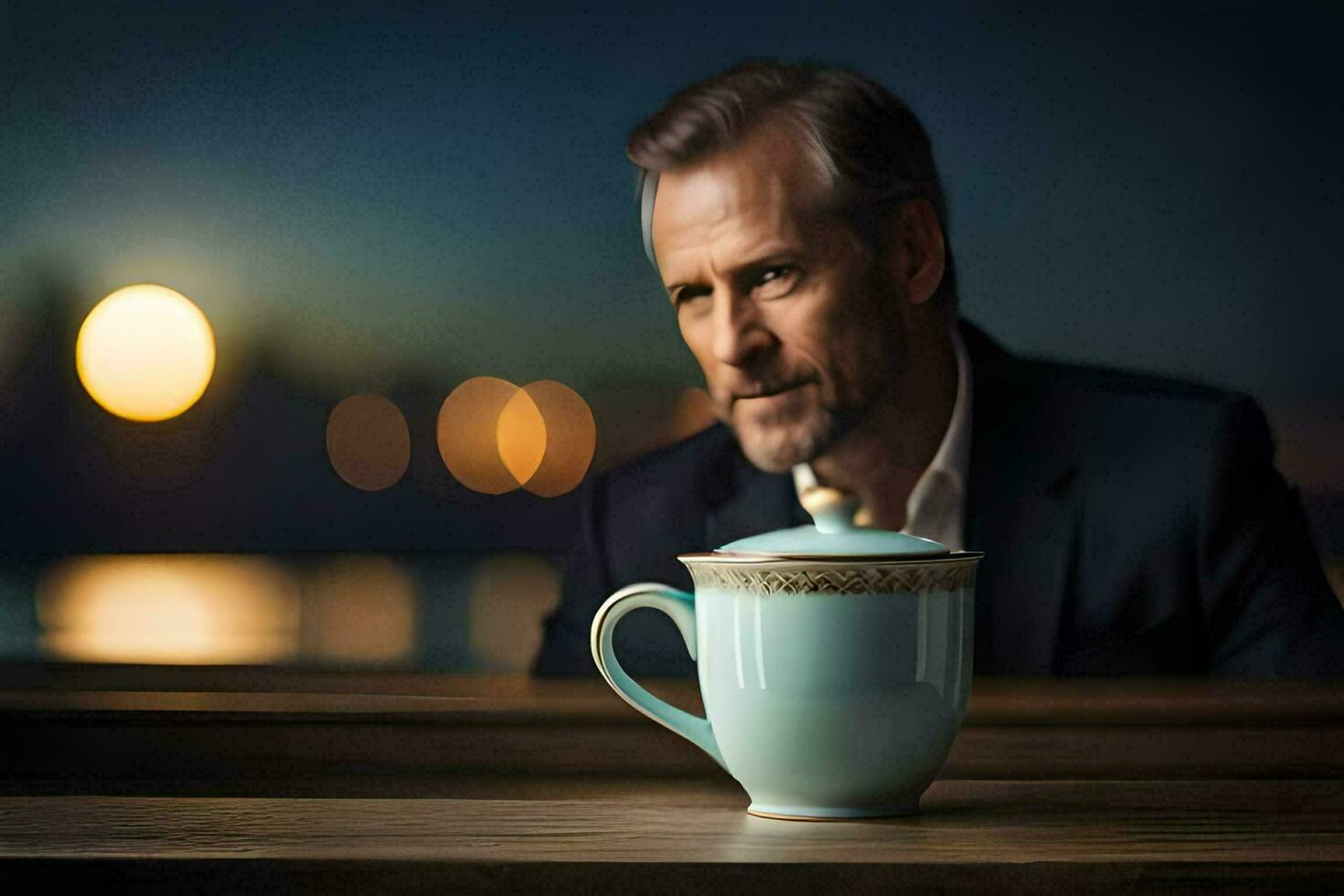 a man in a suit sits in front of a coffee cup. AI-Generated photo