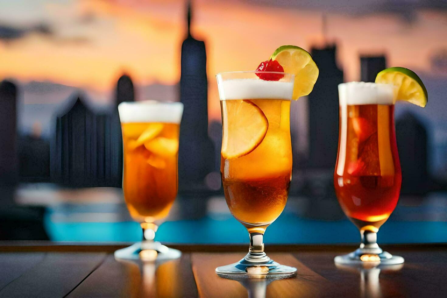 three drinks with different drinks on a table. AI-Generated photo