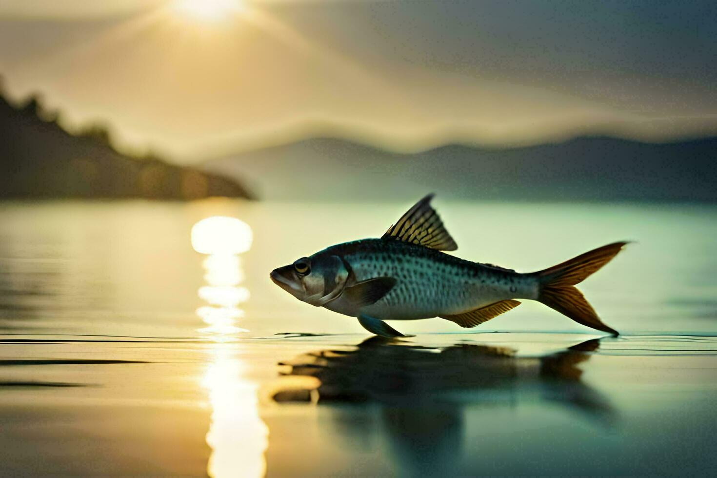 a fish is standing on the water at sunset. AI-Generated photo