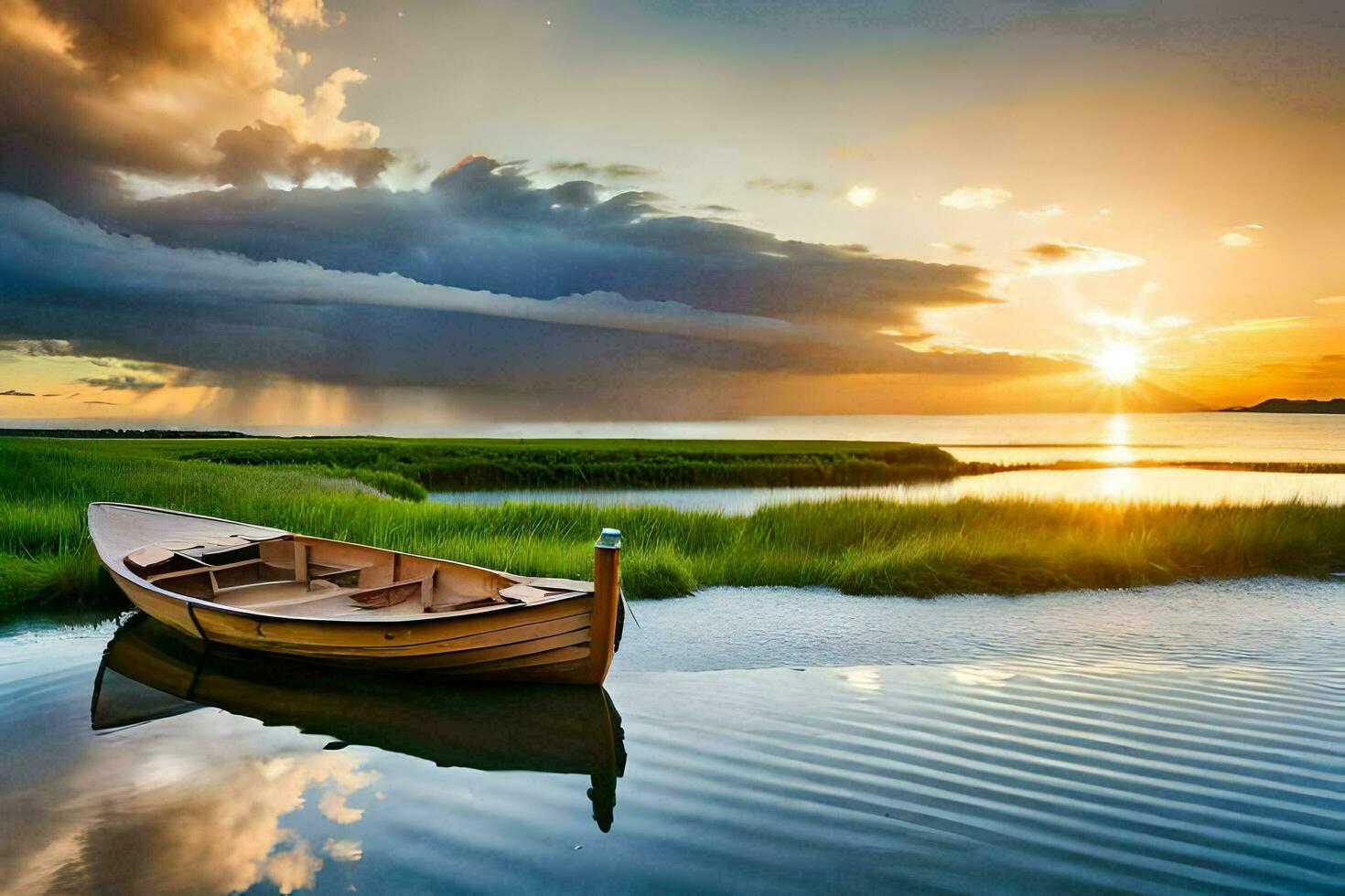 the boat is floating in the water at sunset. AI-Generated photo