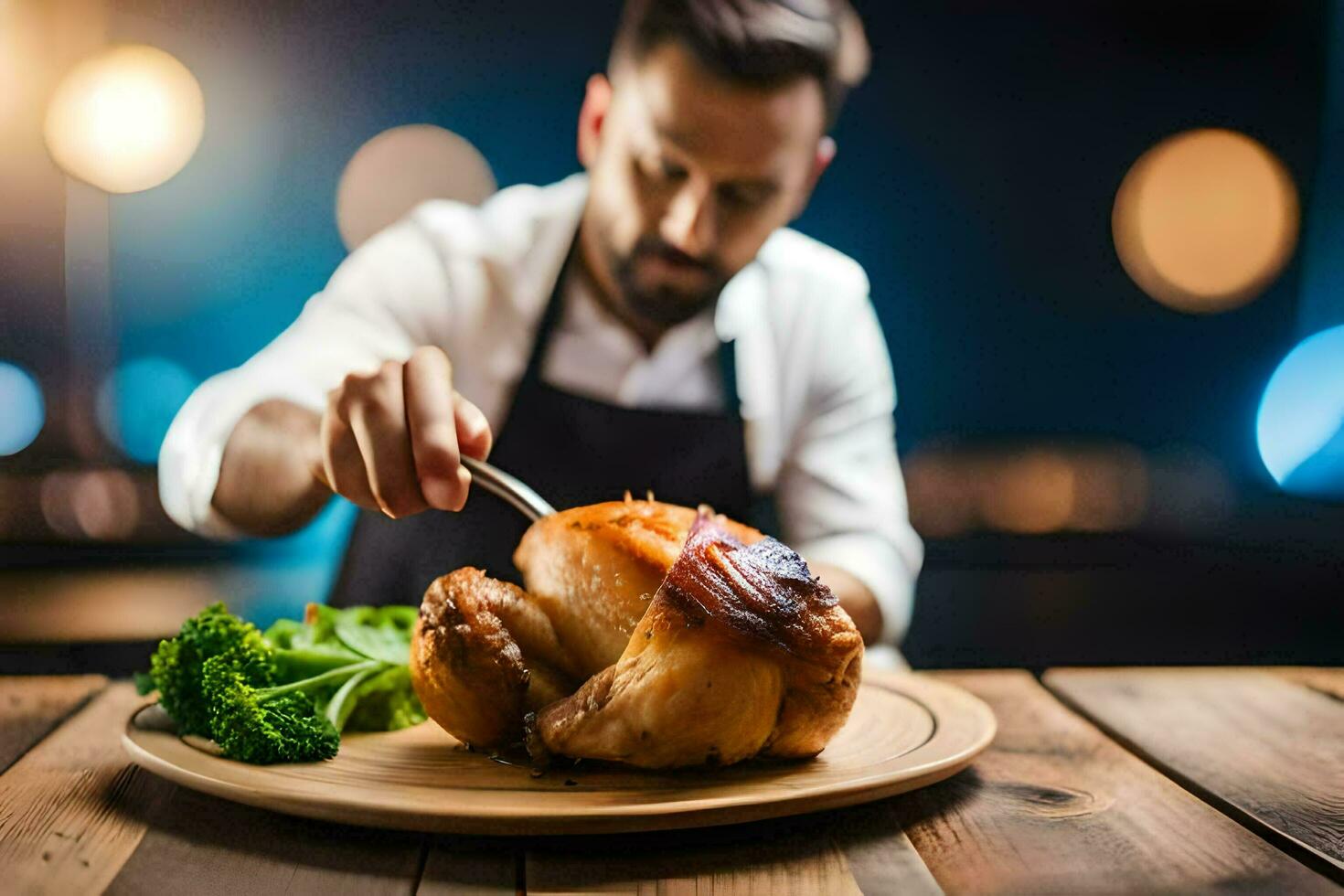 a man in a white apron is cutting a roast chicken. AI-Generated photo