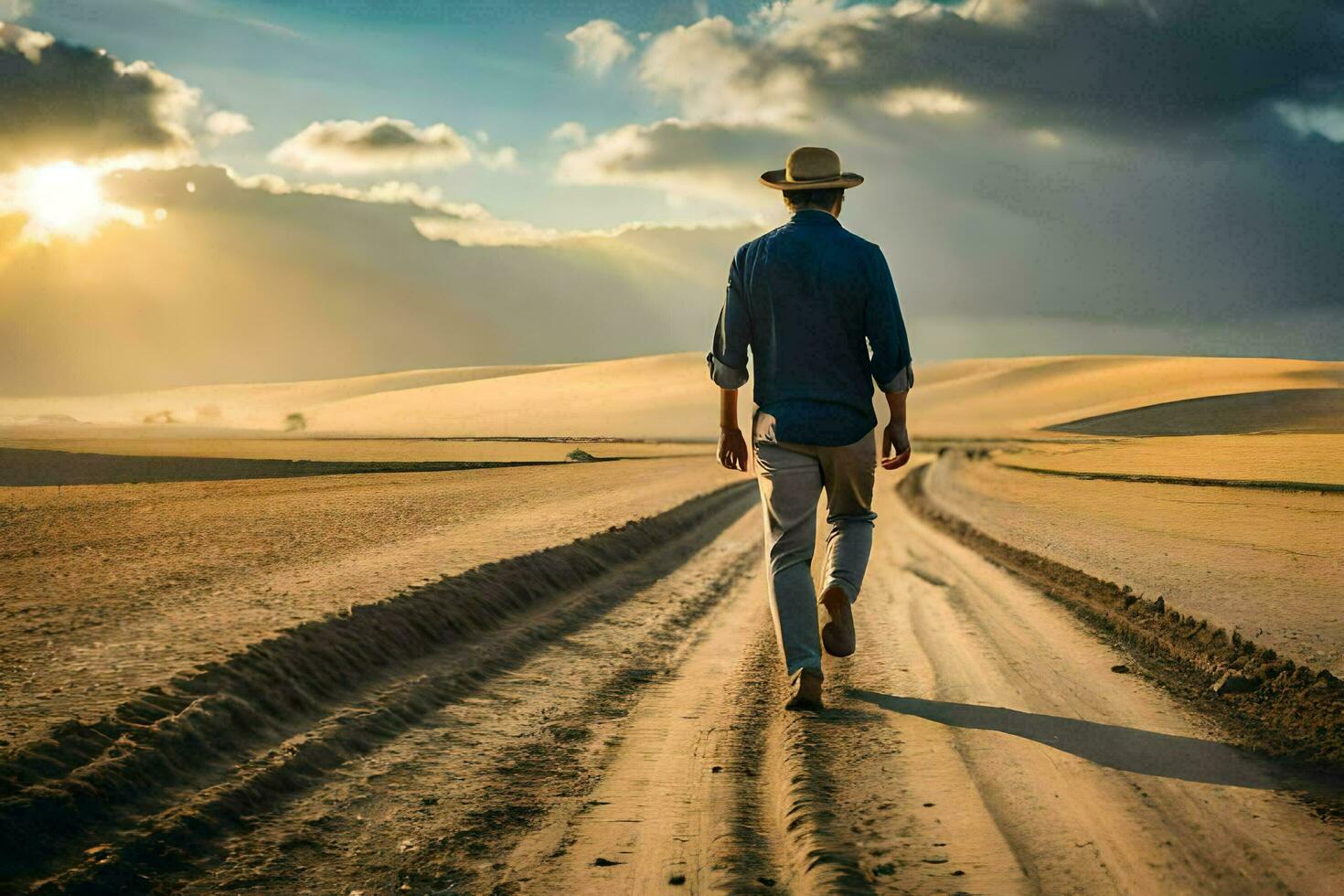 a man in a hat walks down a dirt road. AI-Generated photo