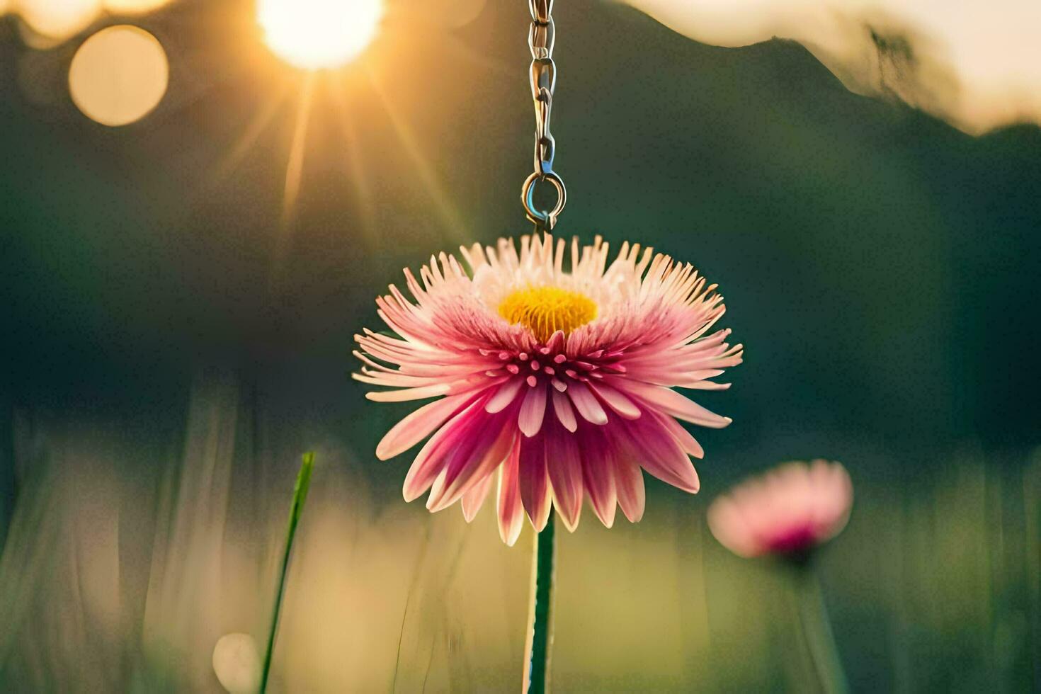 a pink flower is hanging from a chain in the grass. AI-Generated photo