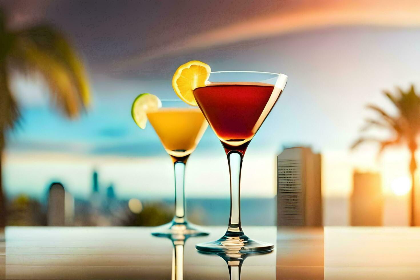 two glasses of cocktails with a sunset in the background. AI-Generated photo