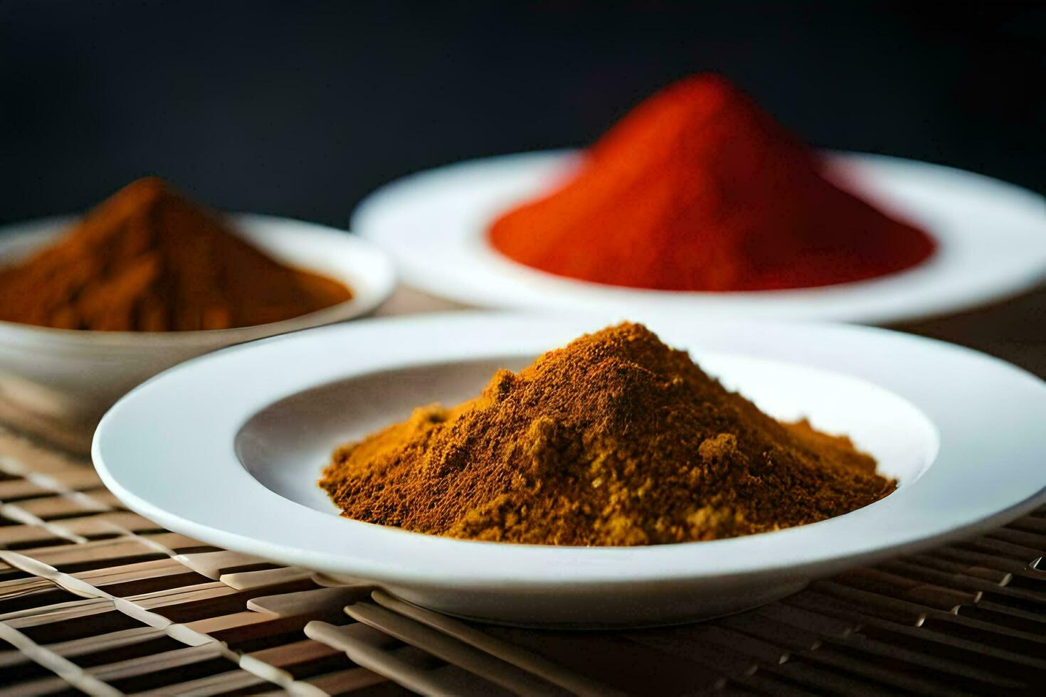 three bowls of spices sit on a table. AI-Generated photo