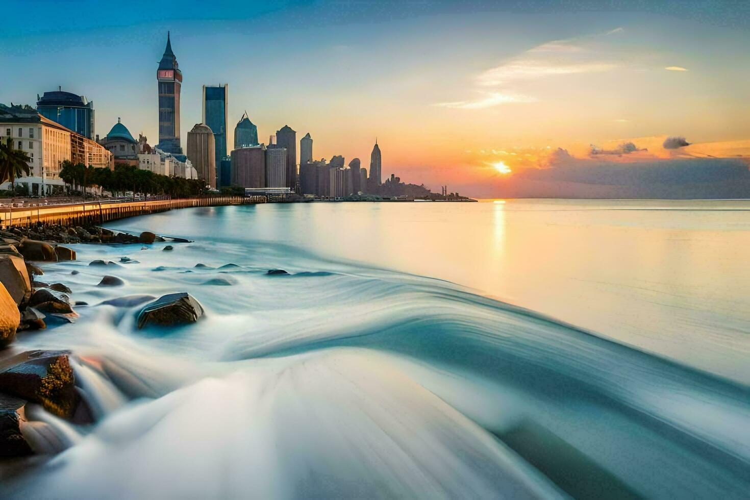 the city skyline is seen in the background as waves crash into the shore. AI-Generated photo