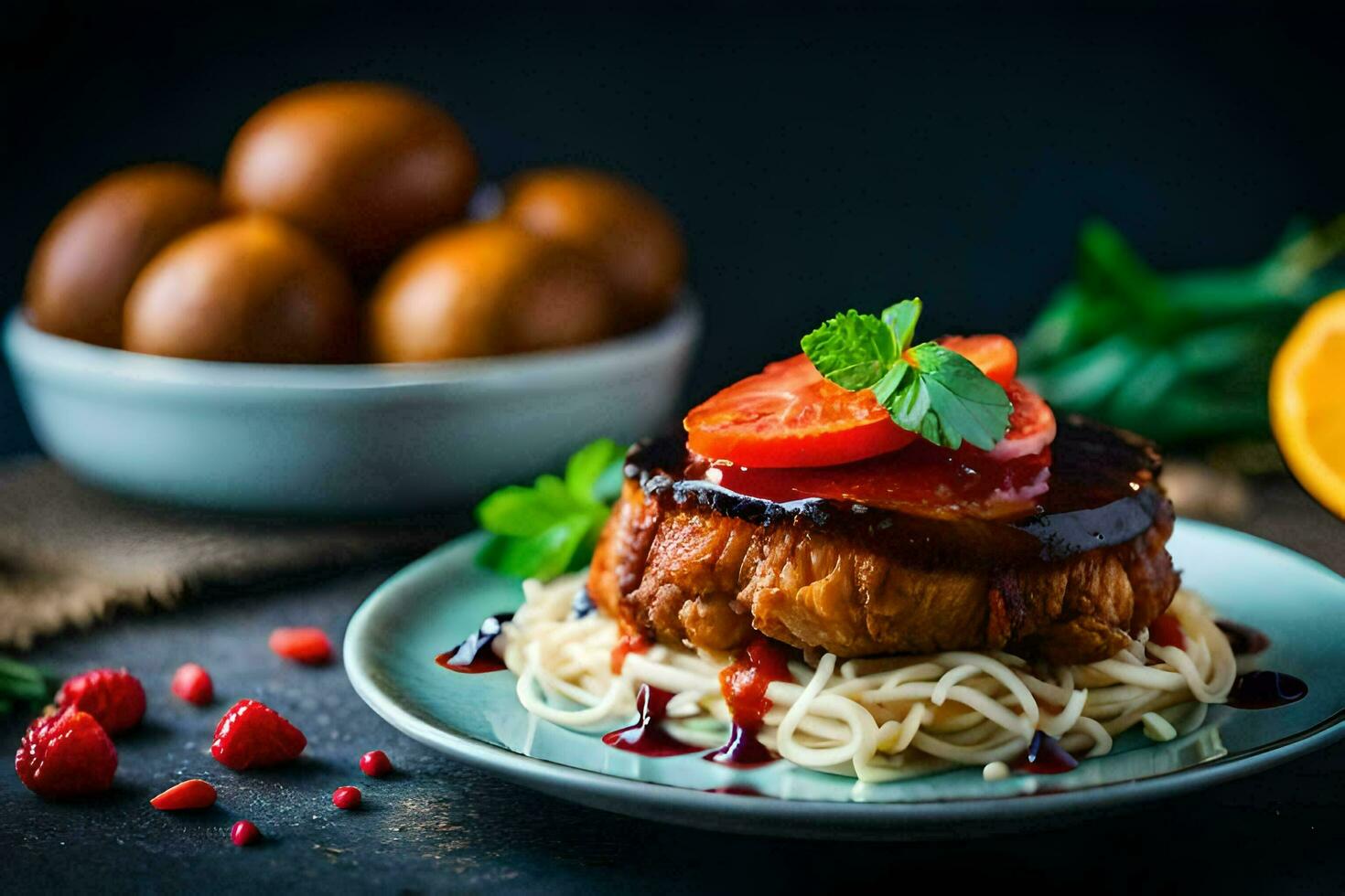 the food is served on a plate with a knife and fork. AI-Generated photo