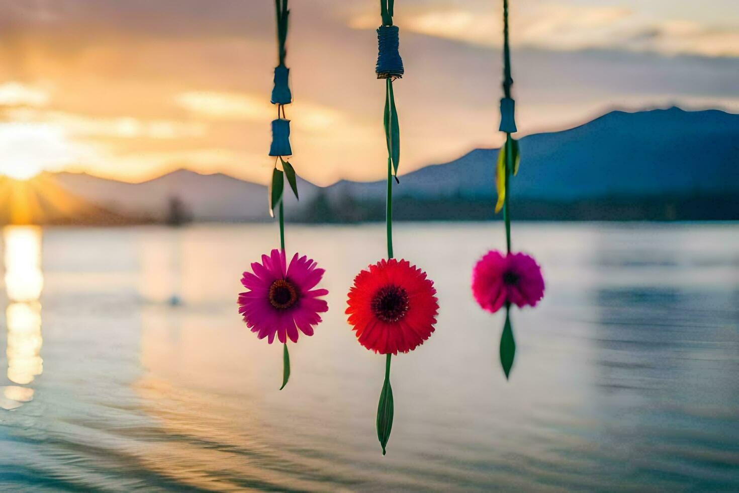 three flowers hanging from a rope over a lake. AI-Generated photo