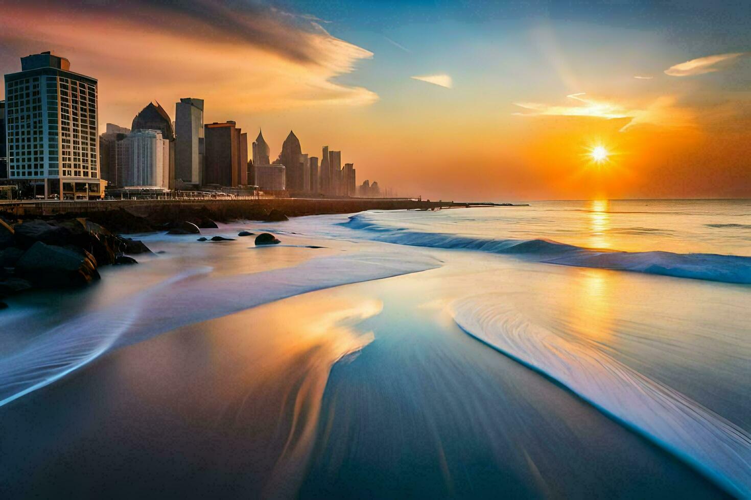 the sun sets over the city skyline in dubai. AI-Generated photo