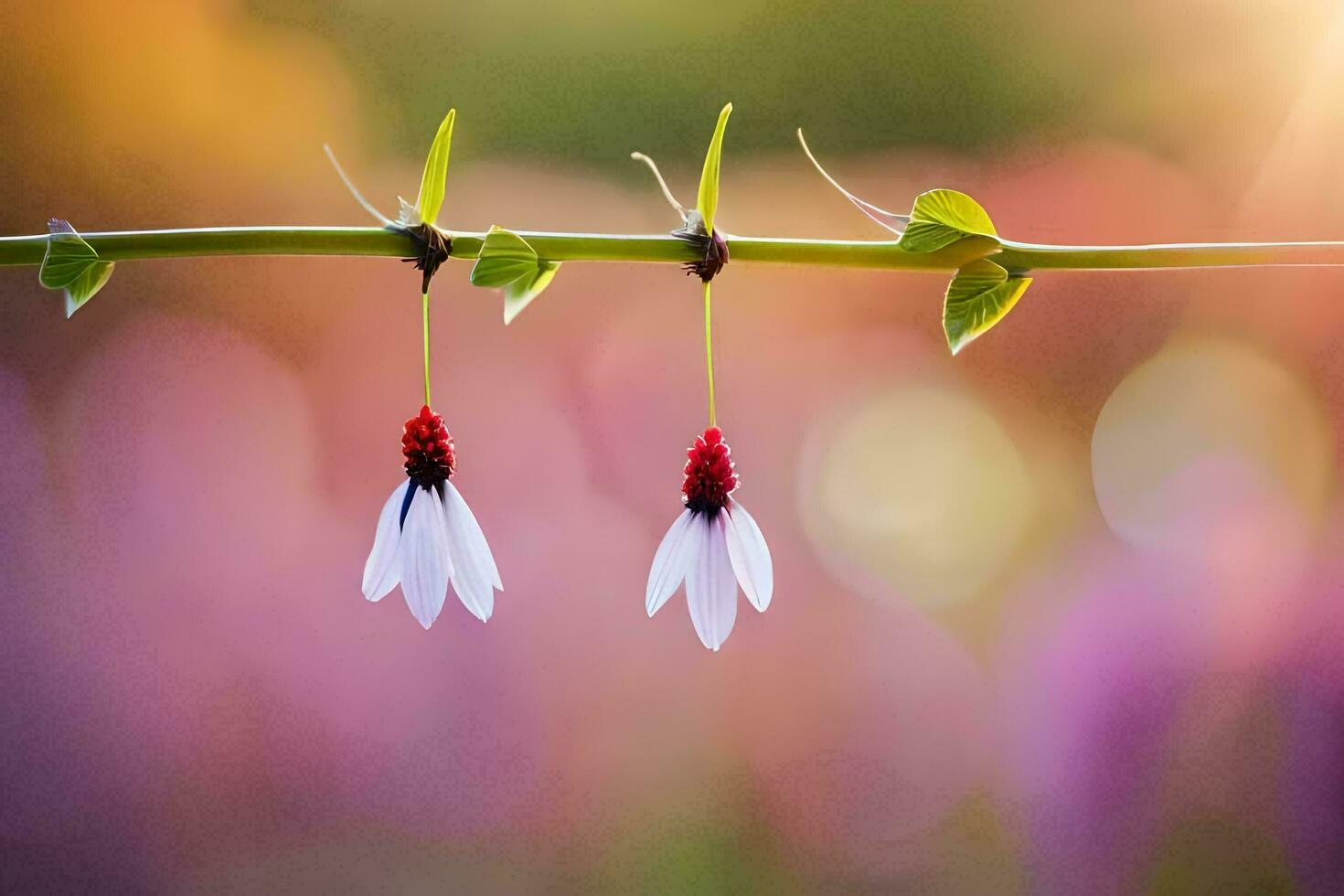two white flowers hanging from a vine. AI-Generated photo