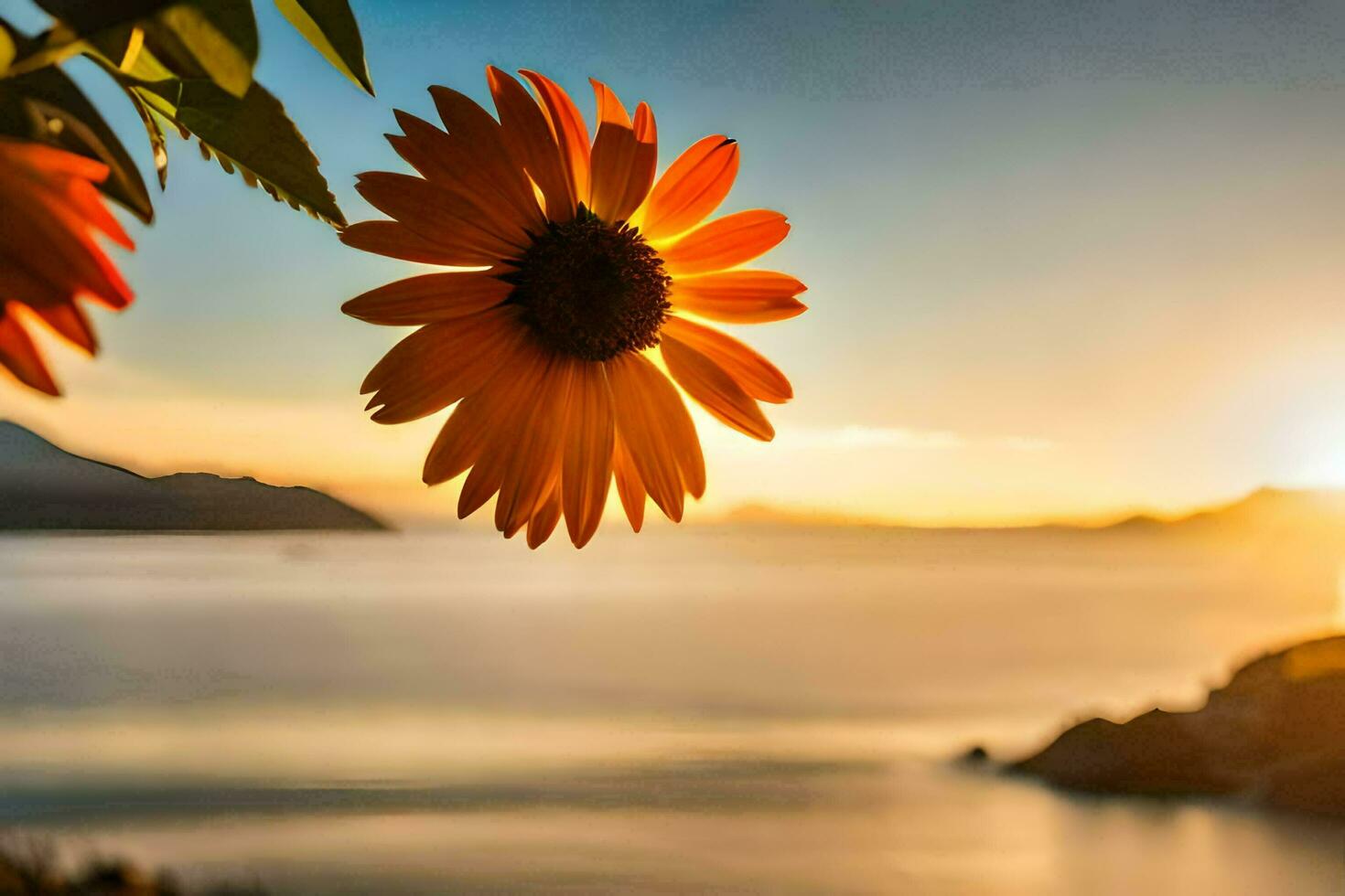 sunflower on the beach, sunset, mountains, water, hd wallpaper. AI-Generated photo
