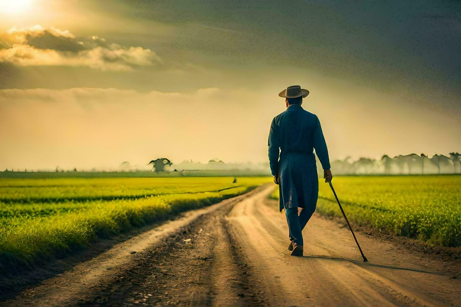 un hombre caminando en un suciedad la carretera con caña. generado por ai foto