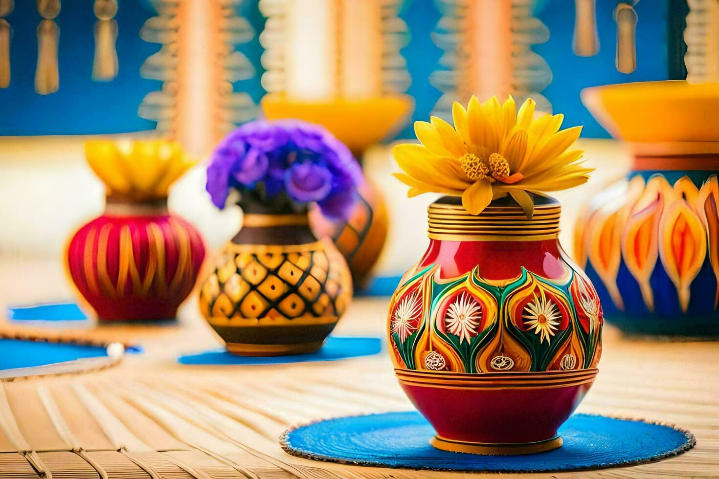 colorful vases with flowers on a table. AI-Generated photo