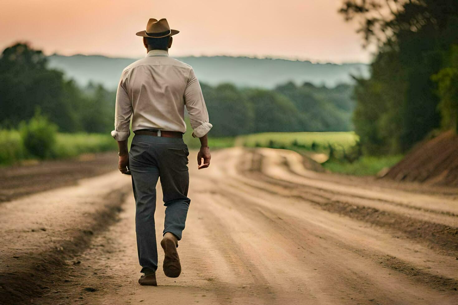 un hombre en un sombrero camina abajo un suciedad la carretera. generado por ai foto