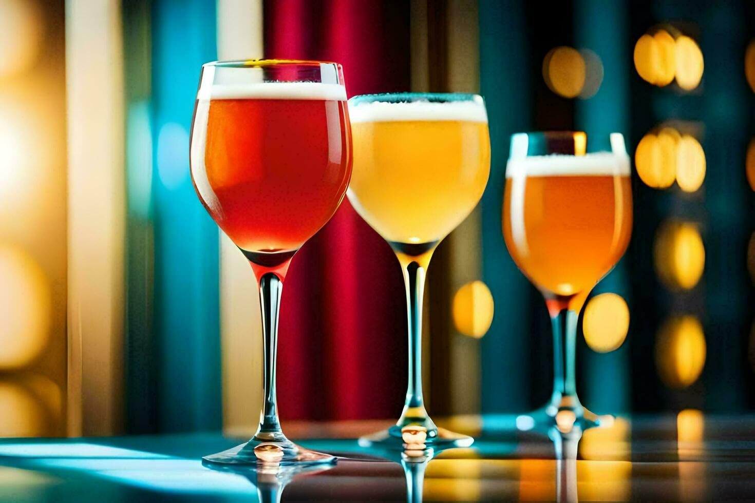 three glasses of beer on a table with a bright light. AI-Generated photo