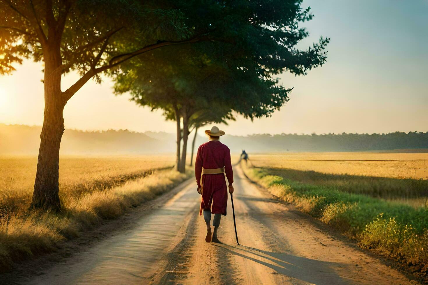 a man in a red hat walking down a dirt road. AI-Generated photo