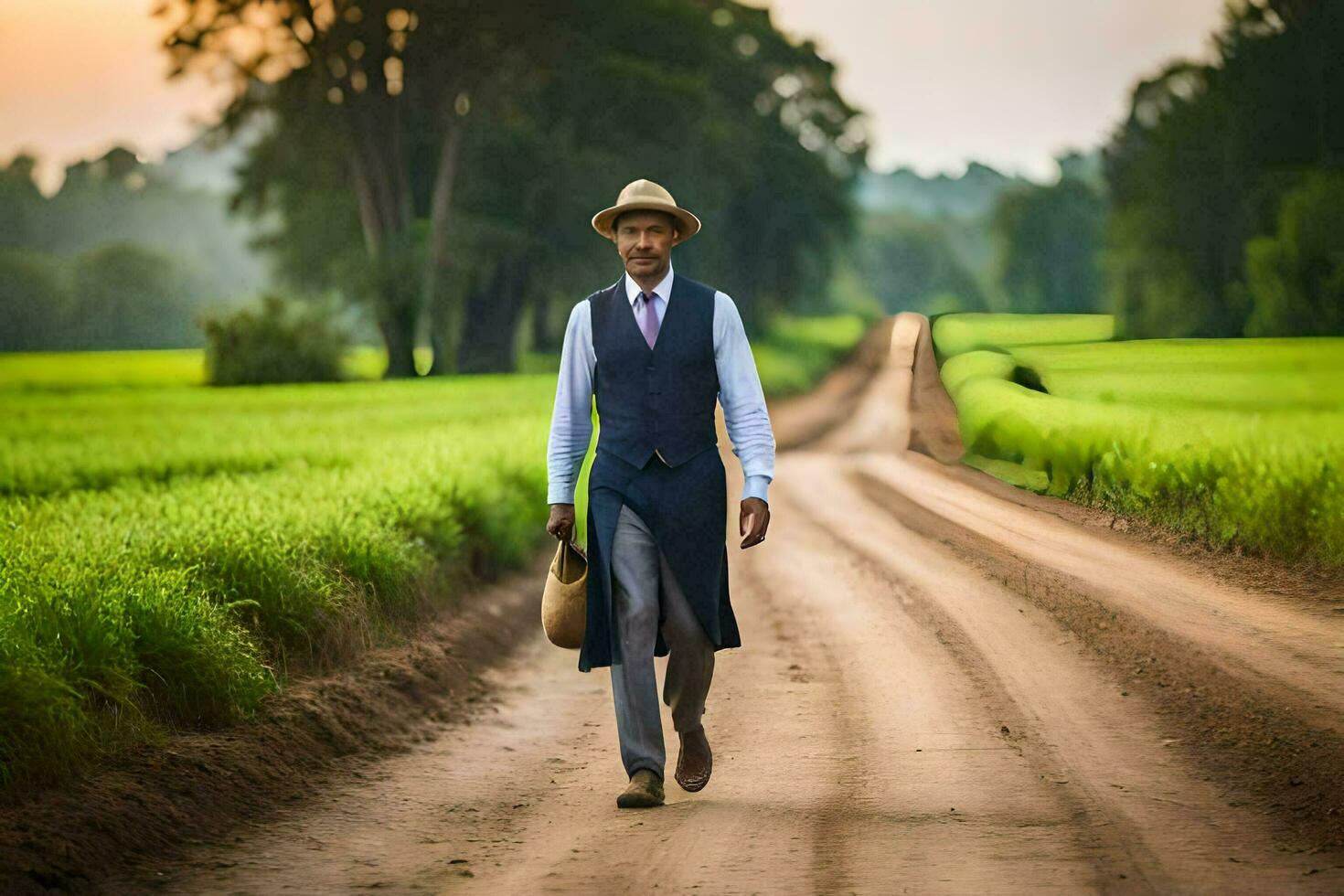 un hombre en un traje y sombrero caminando abajo un suciedad la carretera. generado por ai foto