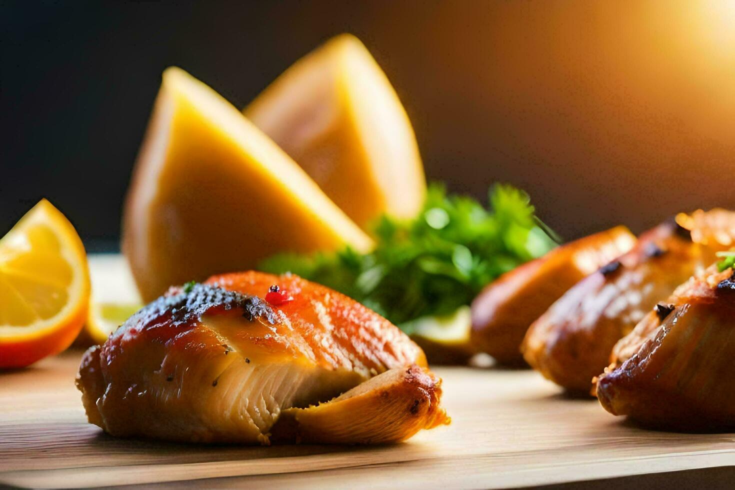 grilled chicken on a cutting board with lemon slices. AI-Generated photo