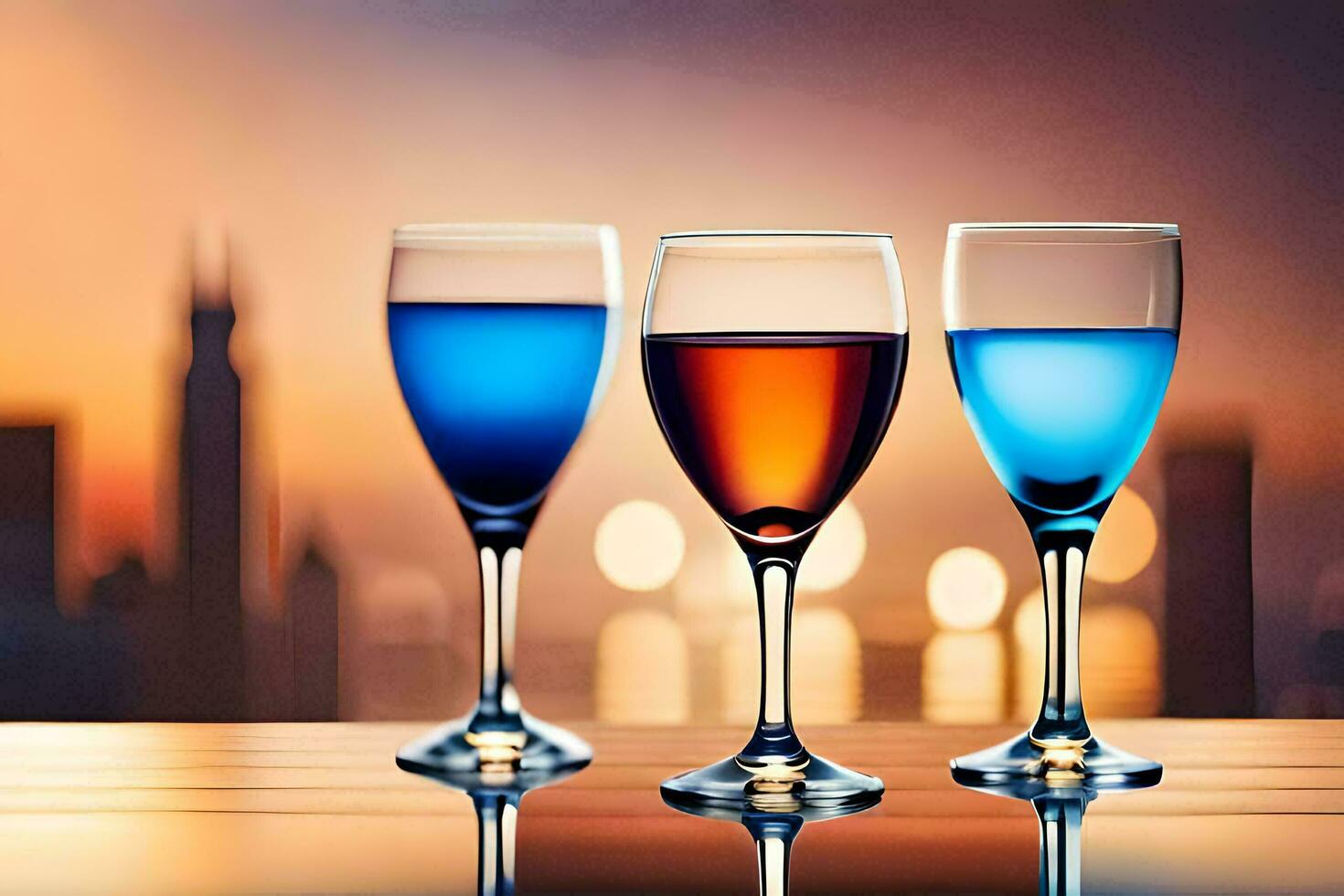 three glasses of wine on a table with city lights in the background. AI-Generated photo