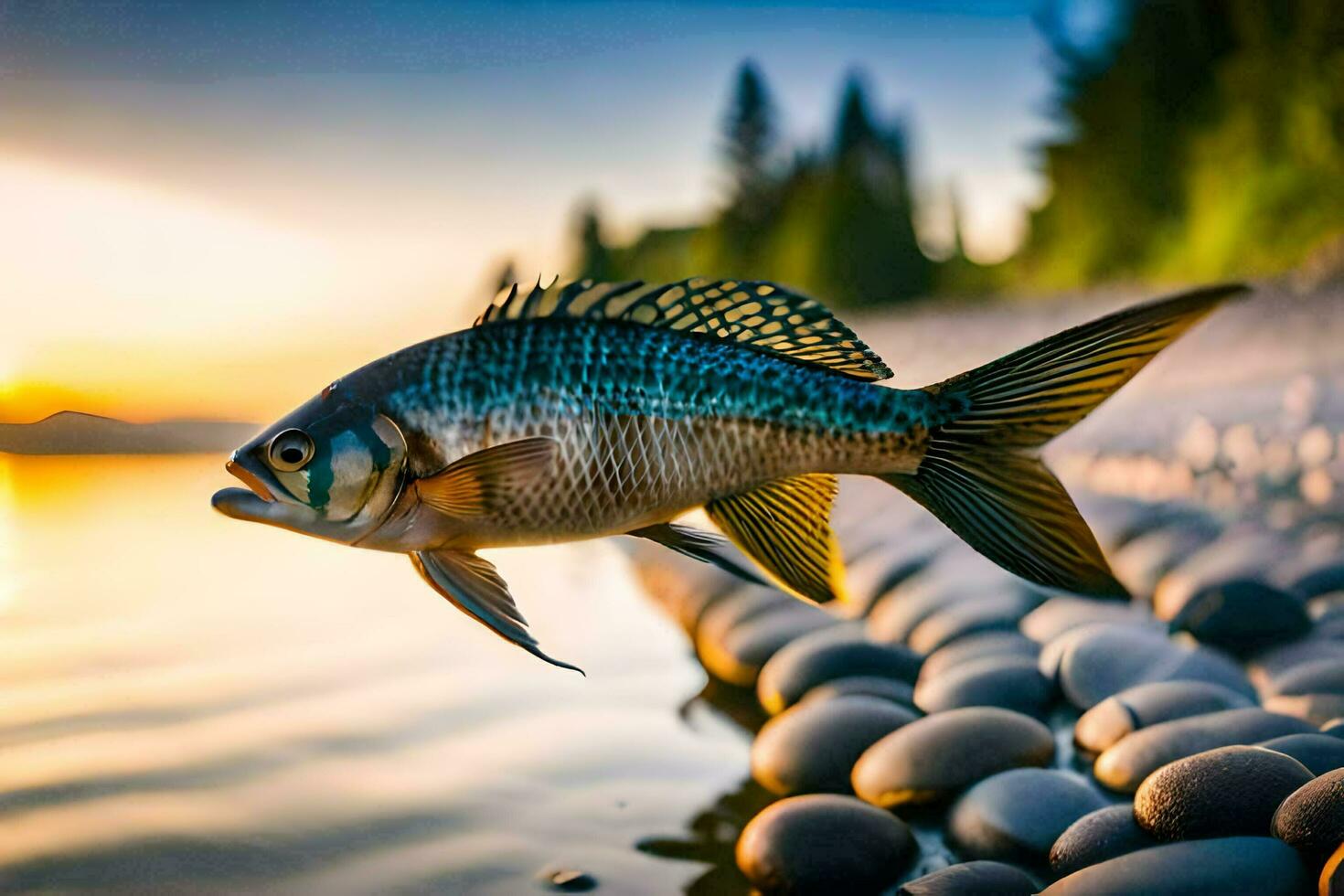 a fish is swimming on the rocks at sunset. AI-Generated photo