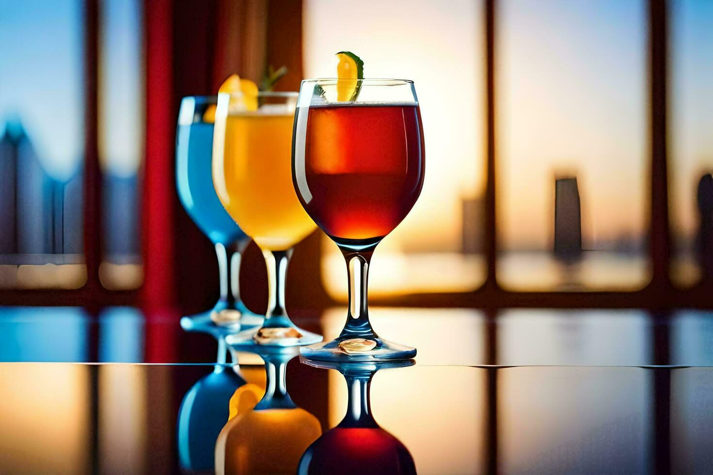 three glasses of different colored drinks on a table. AI-Generated photo