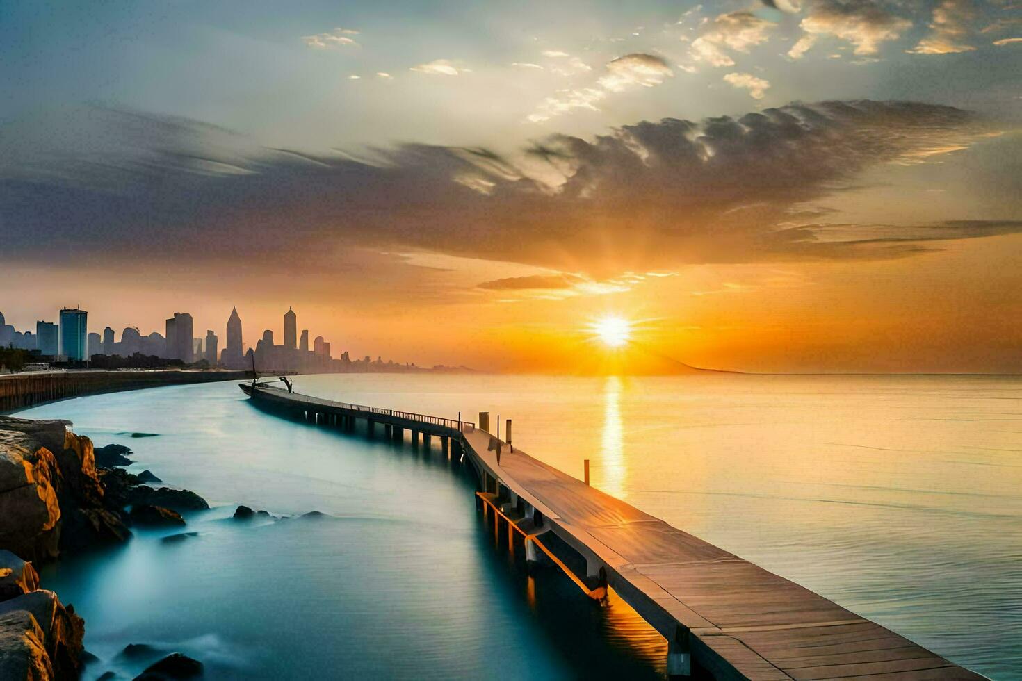 the sun sets over a pier in the middle of the ocean. AI-Generated photo