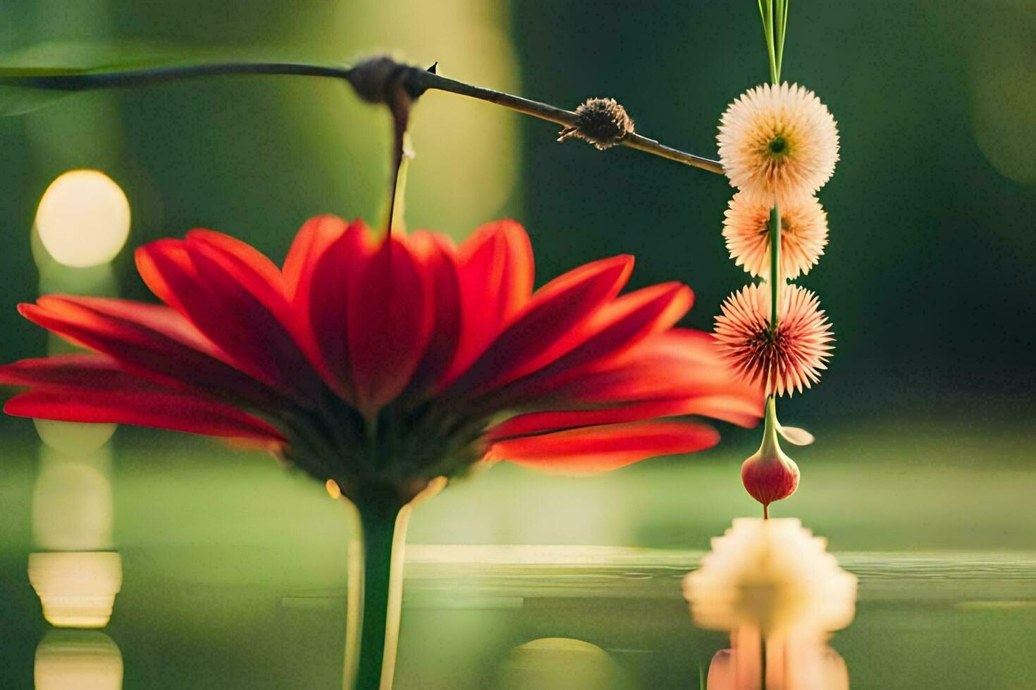 a red flower is sitting on a branch in the water. AI-Generated photo