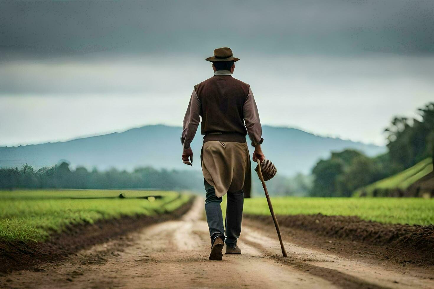 a man walking down a dirt road with a cane. AI-Generated photo