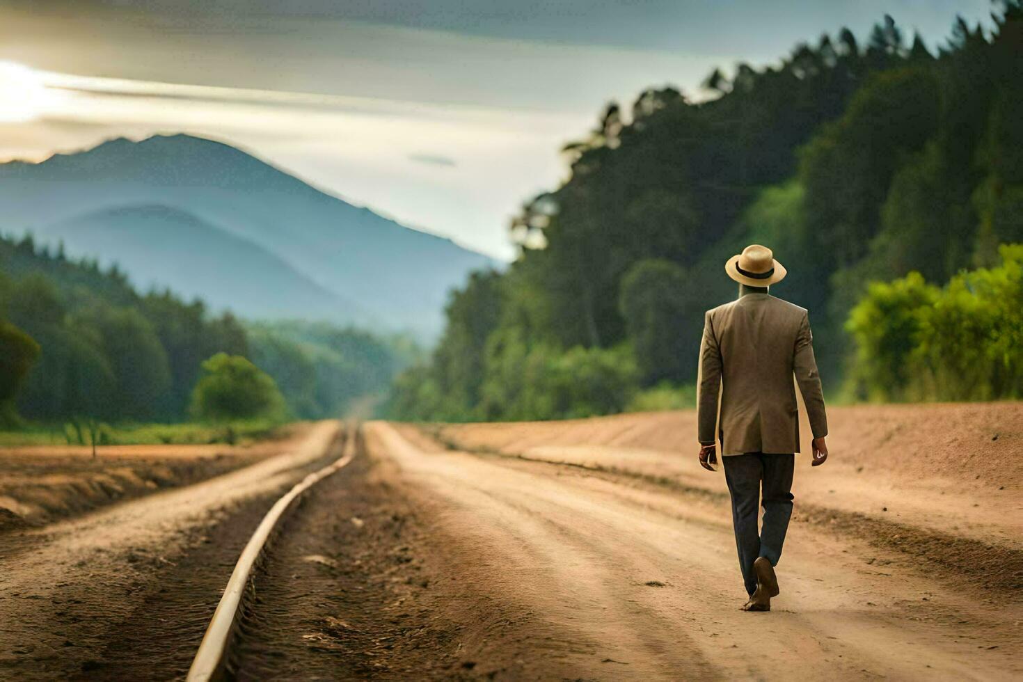 a man in a suit and hat walks down a dirt road. AI-Generated photo