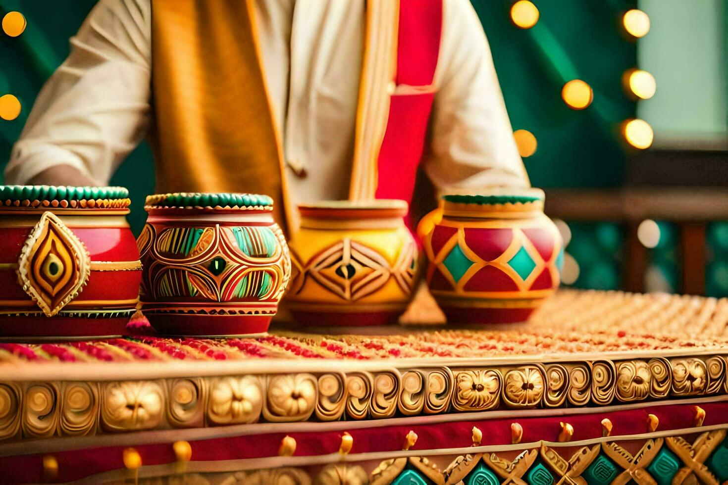 a man in a traditional indian outfit is preparing some pots. AI-Generated photo
