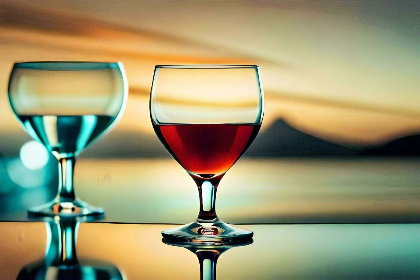 two wine glasses with red liquid sitting on a table. AI-Generated photo