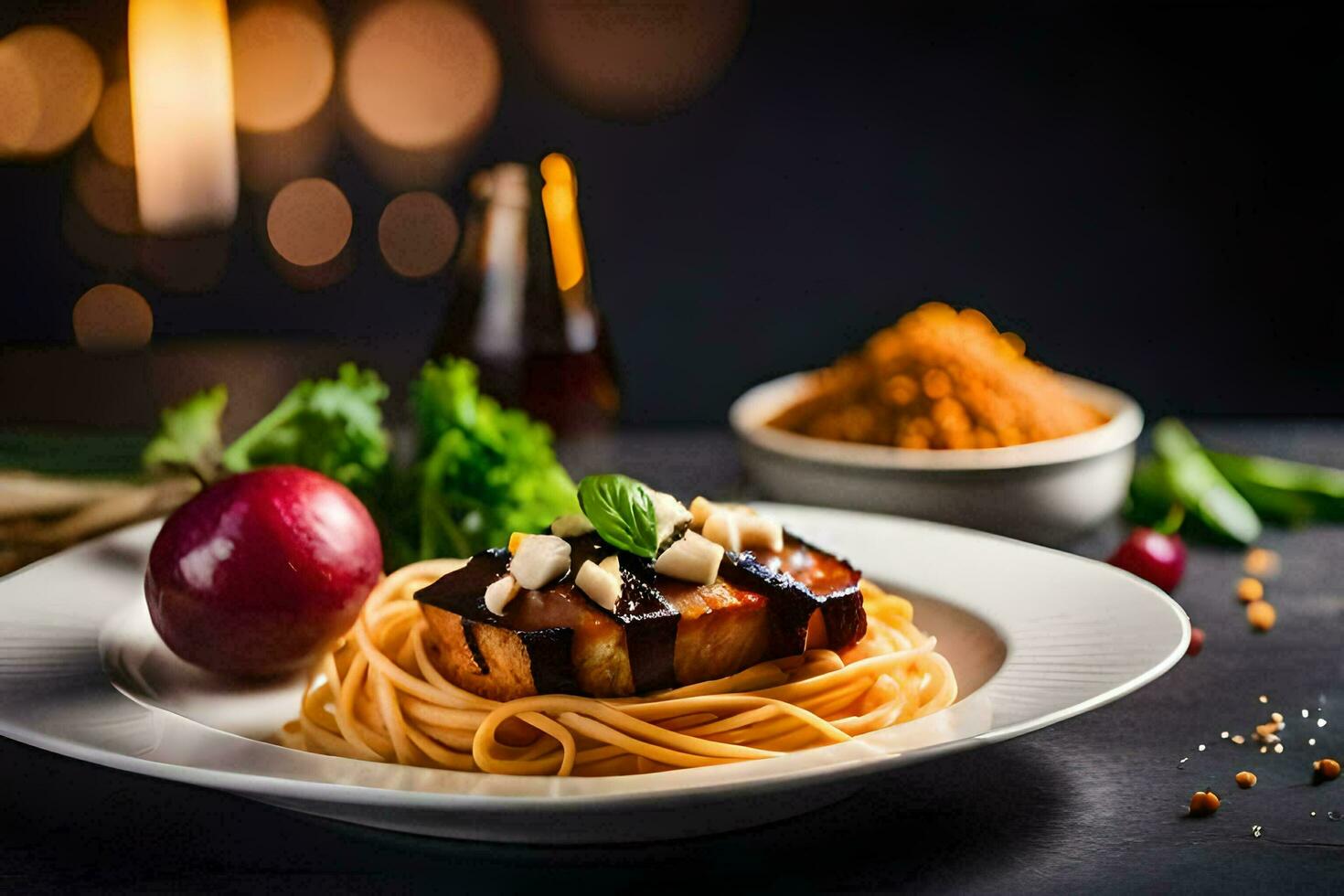 a plate of spaghetti with meat and vegetables. AI-Generated photo