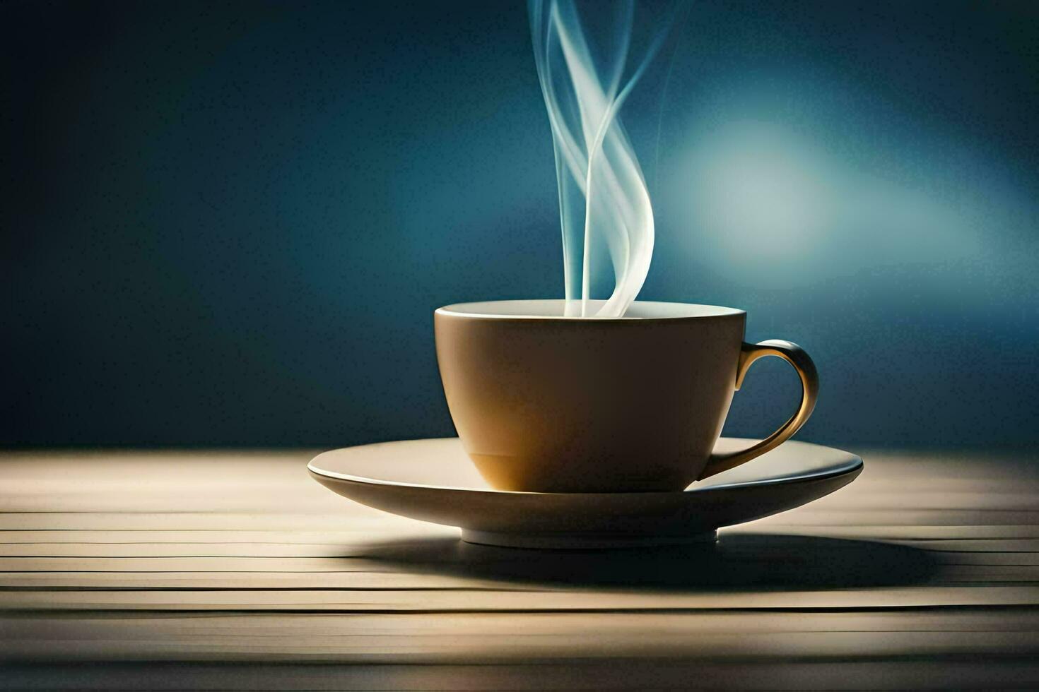 a cup of coffee on a wooden table with smoke coming out. AI-Generated photo