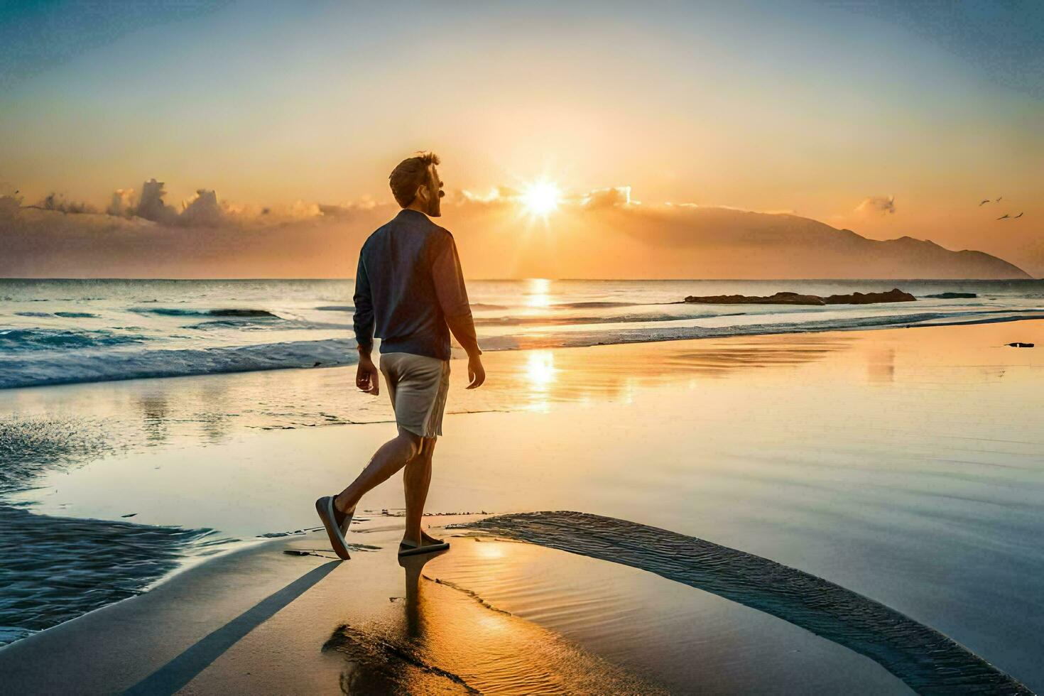 un hombre caminando en el playa a puesta de sol. generado por ai foto