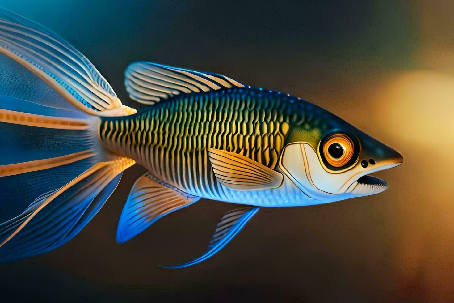 a fish with a blue and yellow body and a black tail. AI-Generated photo