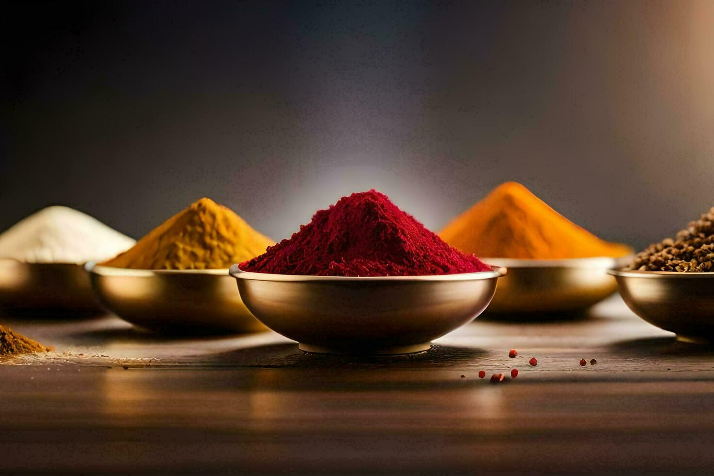 different types of spices in bowls. AI-Generated photo