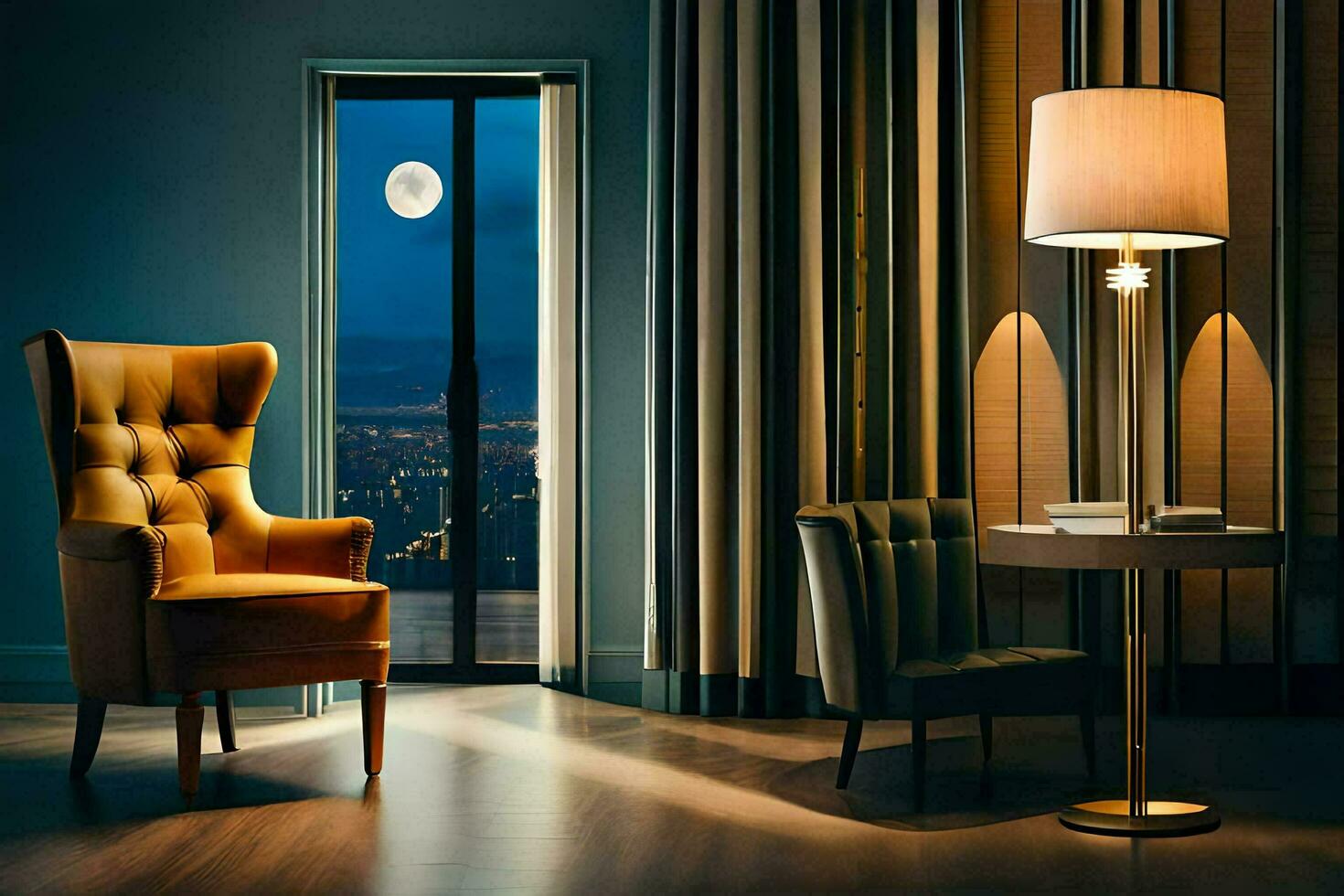 a chair and lamp in a room with a view of the city. AI-Generated photo