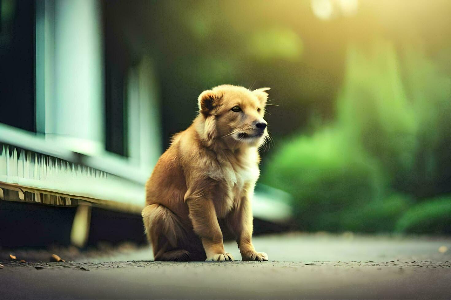 a dog sitting on the ground in front of a building. AI-Generated photo