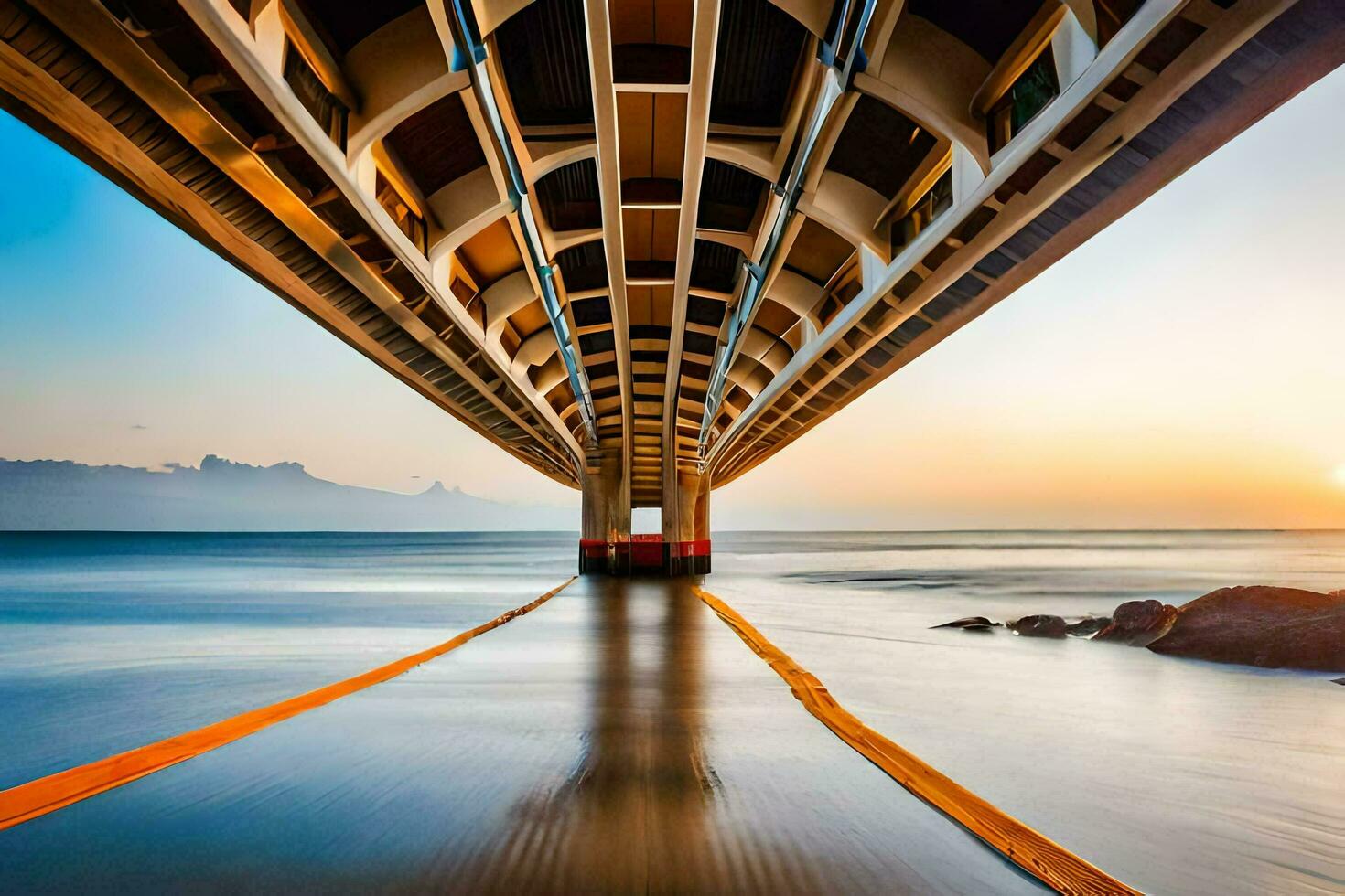 a long exposure photo of a bridge over the ocean. AI-Generated
