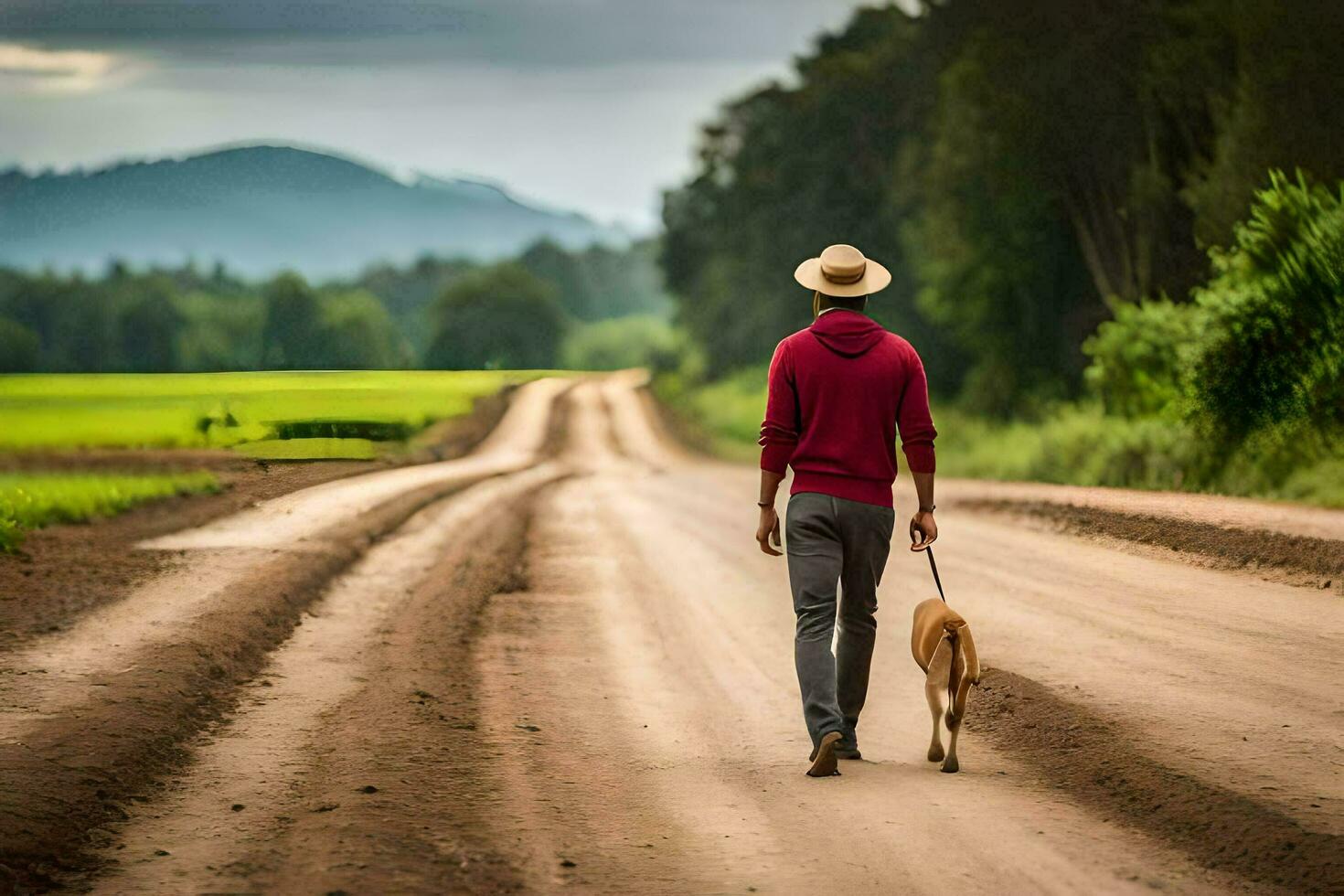 un hombre caminando su perro abajo un suciedad la carretera. generado por ai foto