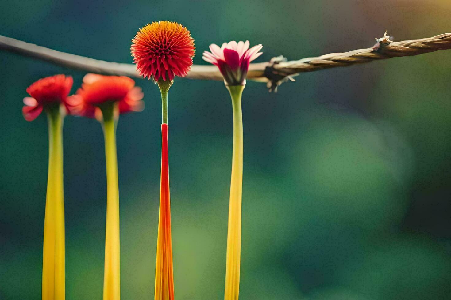 four colorful flowers are hanging on a wire. AI-Generated photo