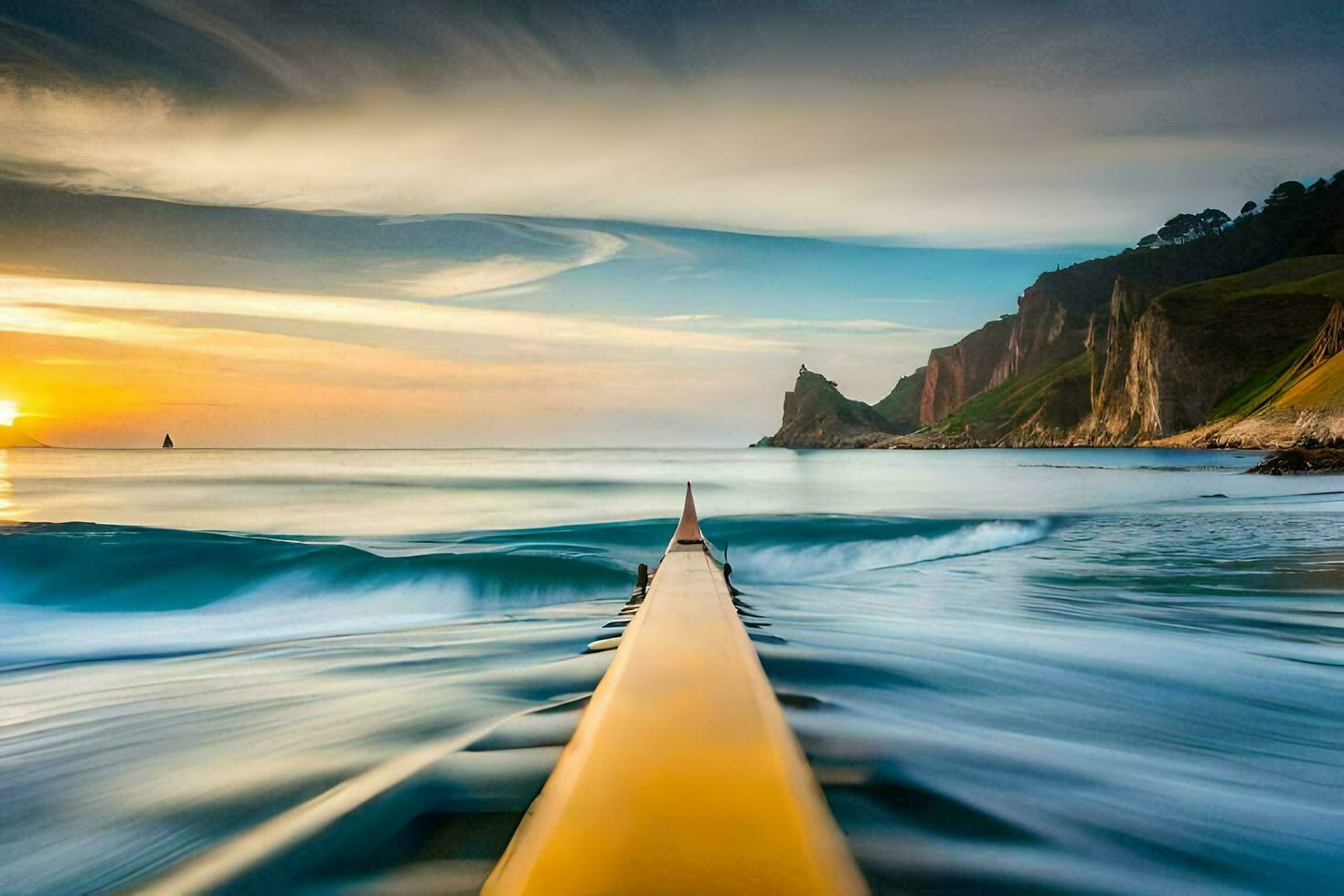 a long exposure photograph of a boat in the ocean. AI-Generated photo