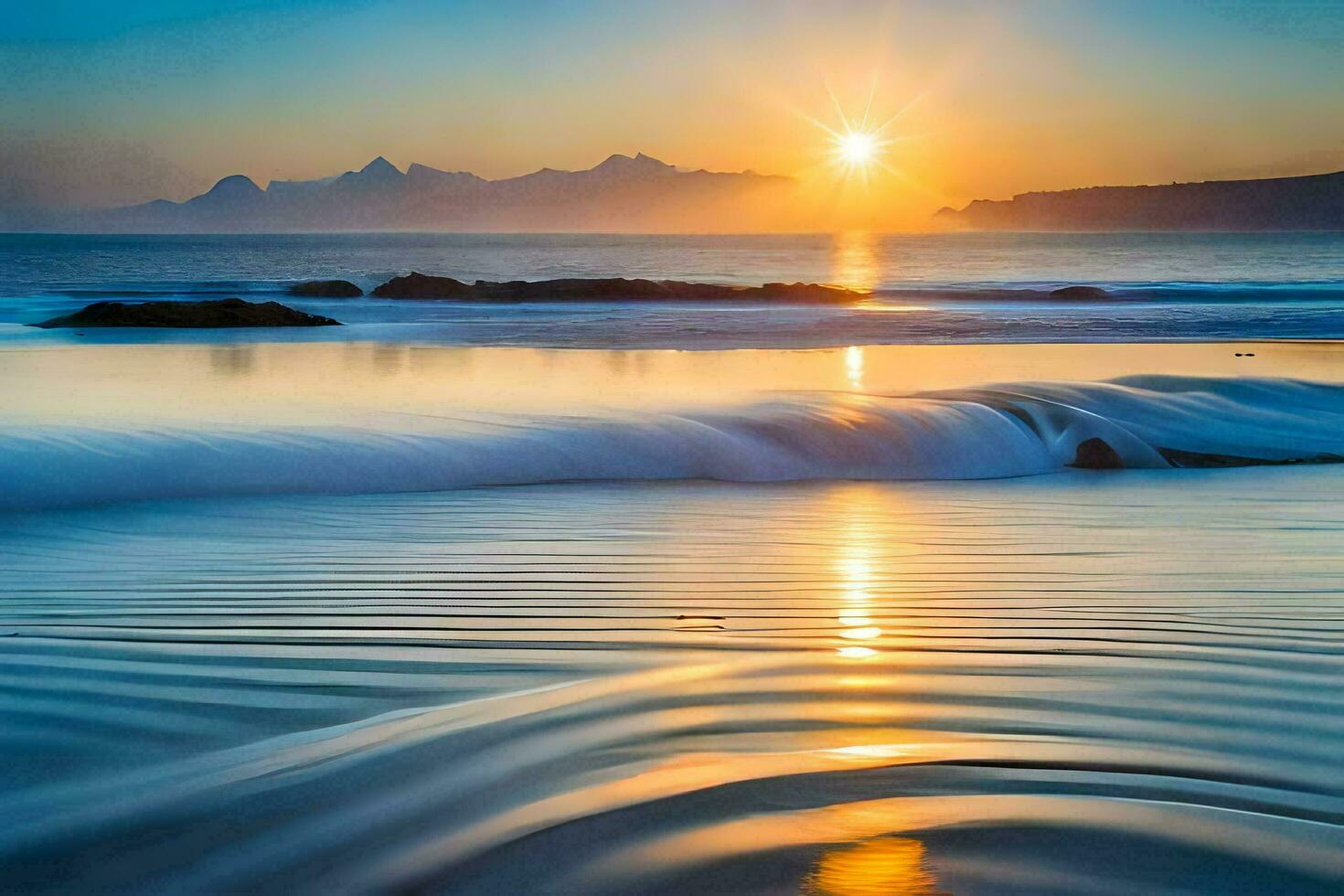 sunrise over the ocean, waves, mountains, water, hd wallpaper. AI-Generated photo