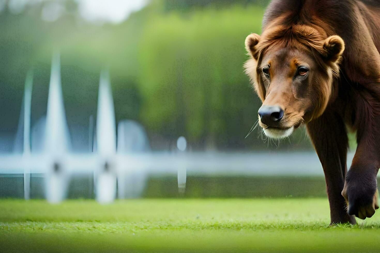 a lion walking on the grass near a pond. AI-Generated photo