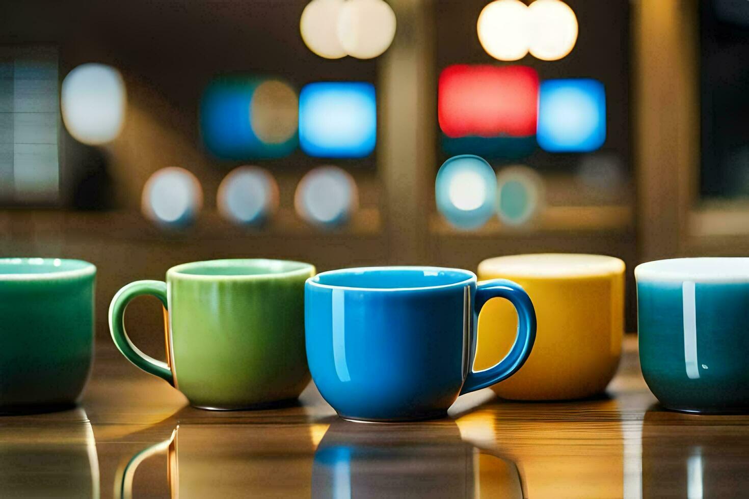 colorful coffee cups lined up on a table. AI-Generated photo