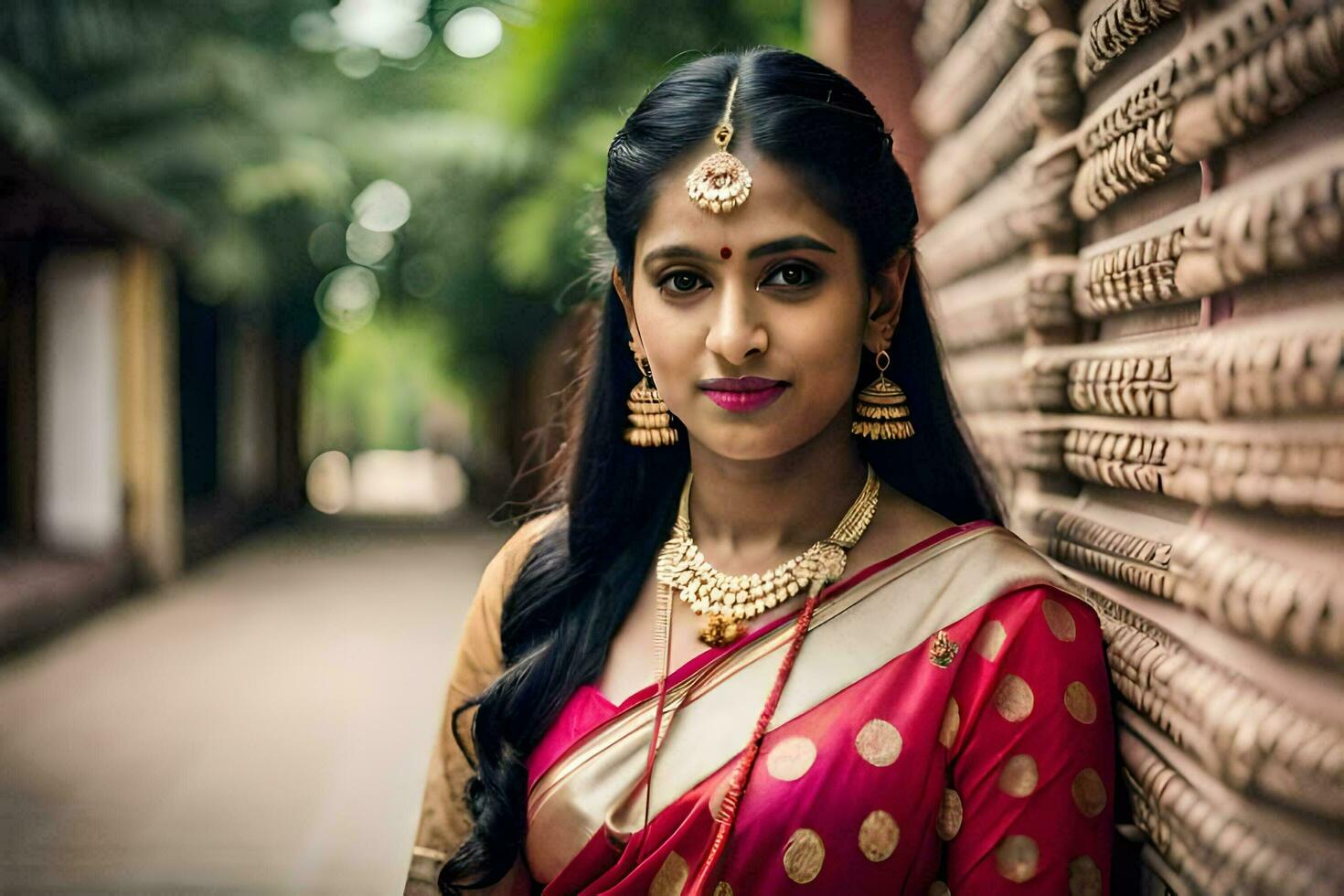 a beautiful indian woman in a red sari. AI-Generated photo