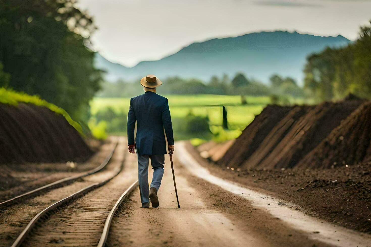 a man in a suit and hat walking down a railroad track. AI-Generated photo